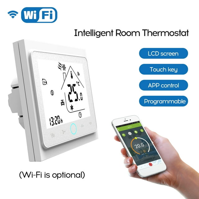 Thermostat d'Ambiance Intelligent à Deux Conduits avec Commande Vocale Wi‐Fi, Contrôleur de Température Numérique Programmable pour Climatiseur (BAC-002ALW, Blanc)