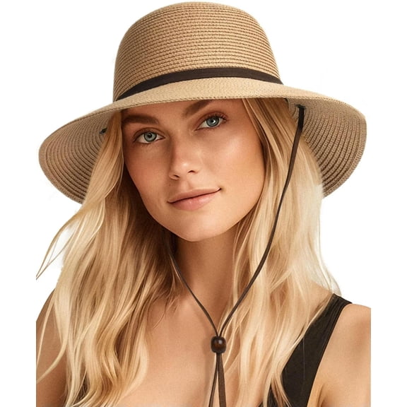 KALAKALA Womens Wide Brim Sun Hat with Wind Lanyard UPF Summer Straw Sun Hats for Women