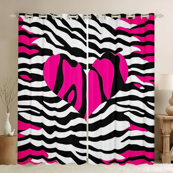 Zebra Print Window Drapes Block 30%-50% Light,Rose Pink Love Heart Romantic Valentine's Day Kitchen Window Treatments 42Wx63L Inches,Chic Abstract Animal Skin Pattern Window Curtains