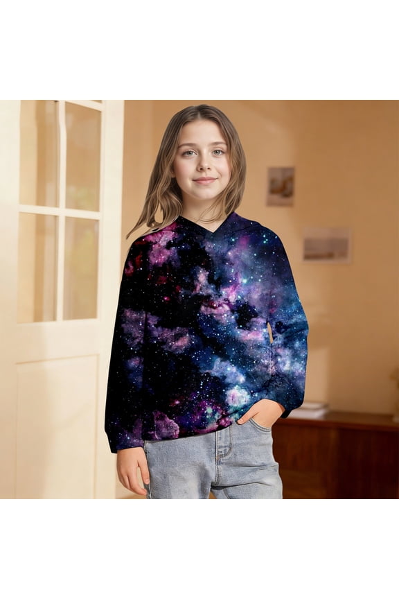 Girls 3D Solar System Graphic Hoodies Long Sleeve Sweatshirt Kangaroo Pocket Trendy Casual Loose Fit Fall Pullover Top