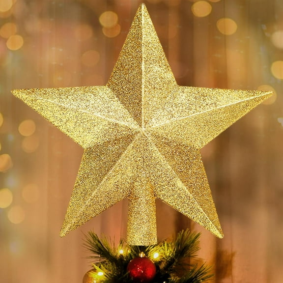 Glitter Christmas Star Tree Topper for Holiday Decorations, Christmas Tree Decoration for Holiday Ornament and Home Decor, Shatterproof Tree Toppers for Party Indoor ＆ Outdoor-Gold
