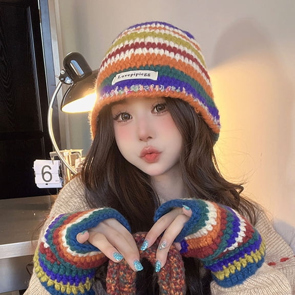 dianhelloya Women Winter Hat Colorful Striped Print Knitted Elastic Thickened Heat Retention Rainbow Color Anti-slip Washable Beanie Lady Cap Multicolor