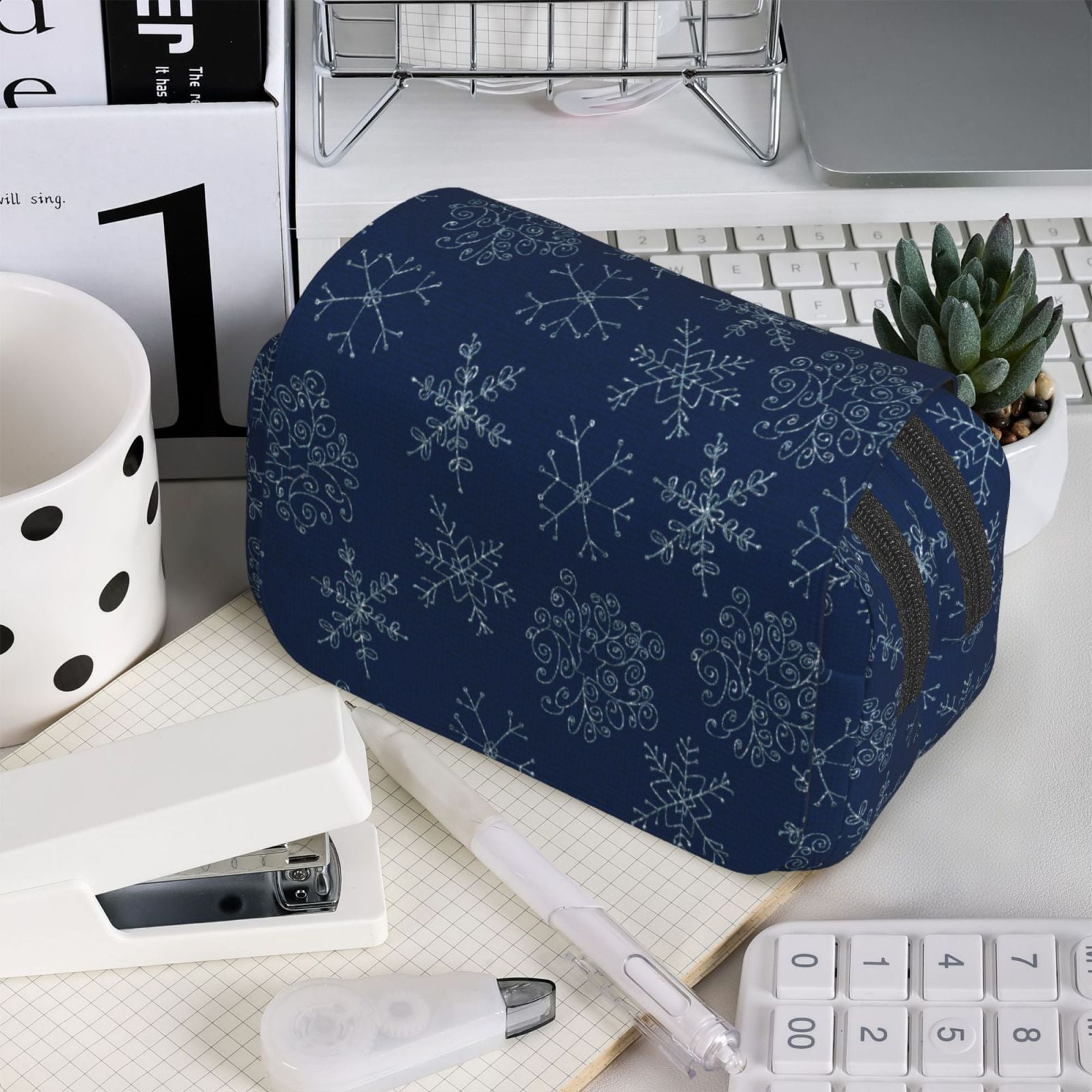 Rateoe Snowflake Dark Blue Pattern Double Clamshell Pen Case, Storage Organizer with Two Zipper Compartments– Holds Up to 50 Pencils & Pens