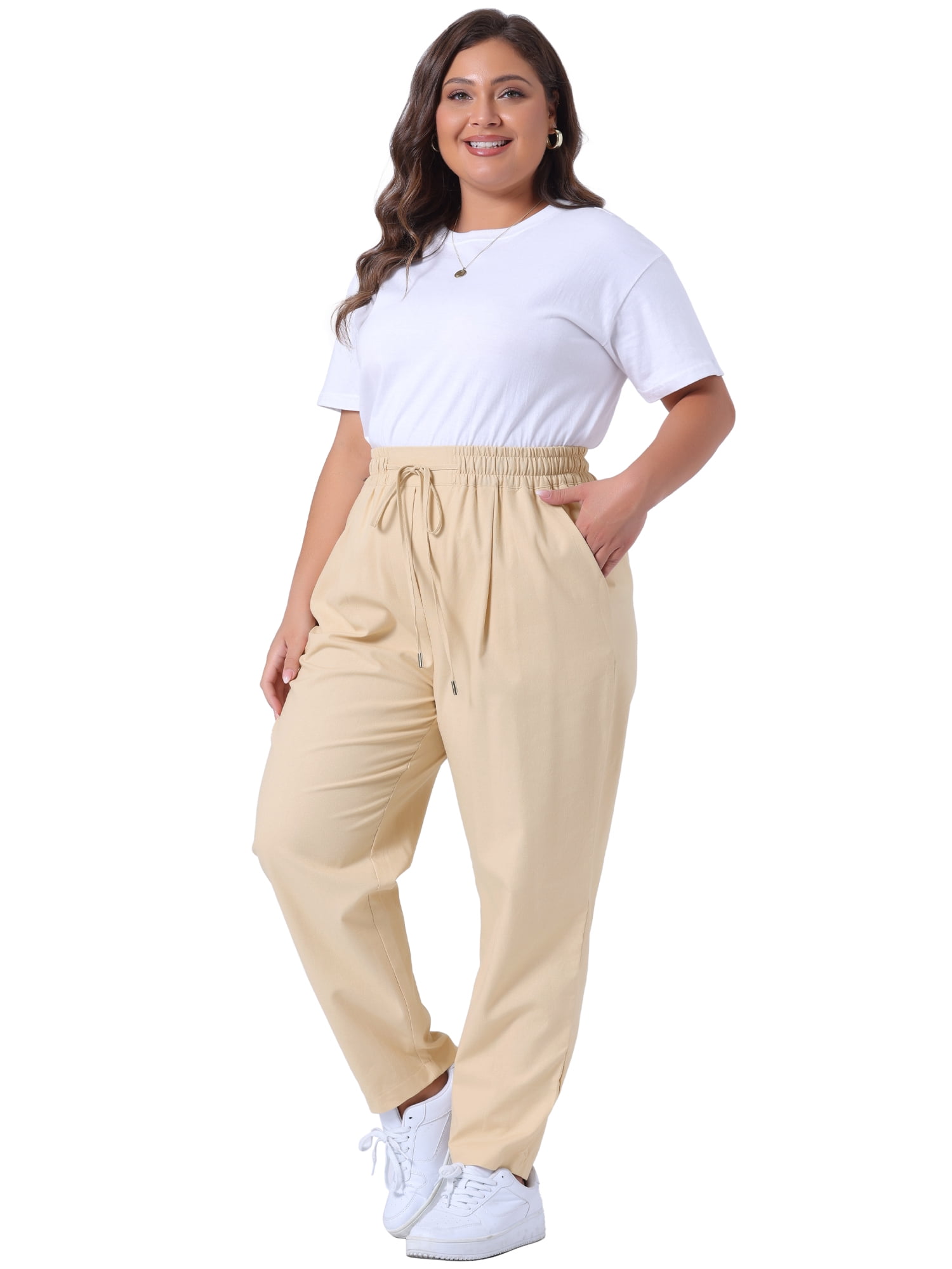 DARING DIVA Women's Plus Straight Leg Elastic Loose Pockets Trousers Light Khaki 4X