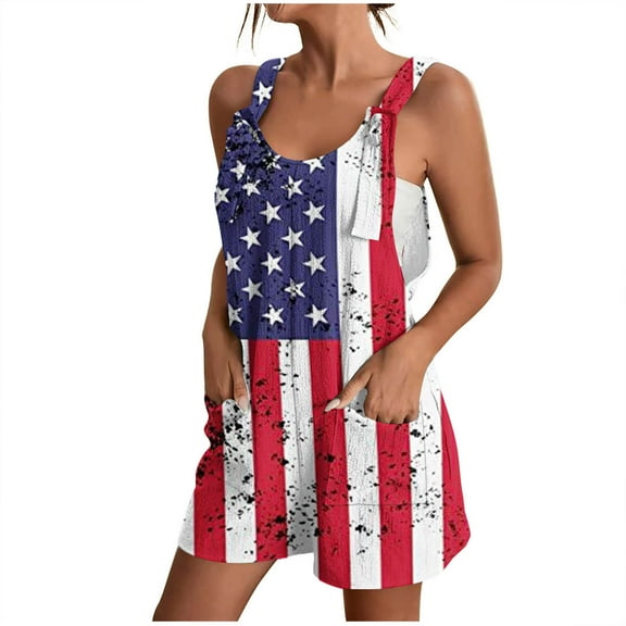 Nrmvnmi Short Jumpsuits for Women American Flag Print Overall Romper Casual Pocket Front Independence Day Romper Women's Jumpsuit Multicolor SMothers Day Gifts
