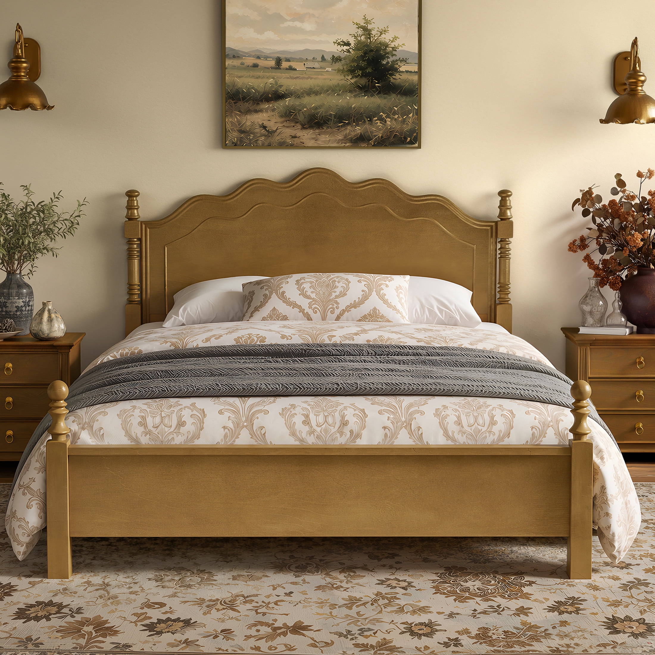 Noble House Queen Size Wood Platform Bed with Curved Headboard, Spindle Posts, Dark Oak