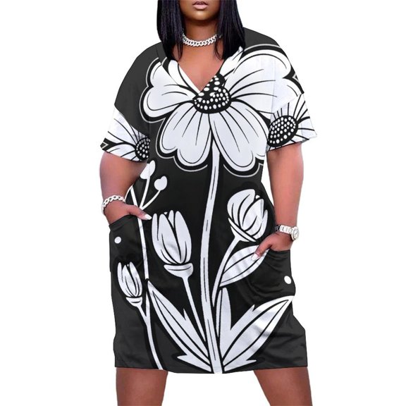 Black And White Ink Flower Women's Loose Short Sleeve Dress Casual Summer Plus Size Long Dresses with Pockets