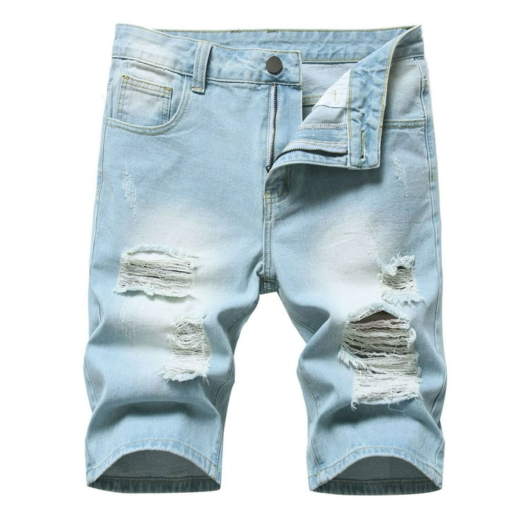 Clearance RYRJJ Mens Casual Denim Shorts Ripped Relaxed Fit Summer Fashion  Streetwear Straight Leg Distressed Outdoor Jeans Shorts(NO Belt)(Light  Blue,M) 