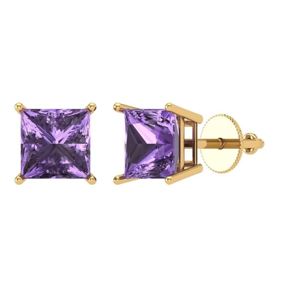 3 ct Screw-Back Stud Earrings for Women | 6.5mm Princess Cut Simulated Alexandrite | 18K Yellow Gold