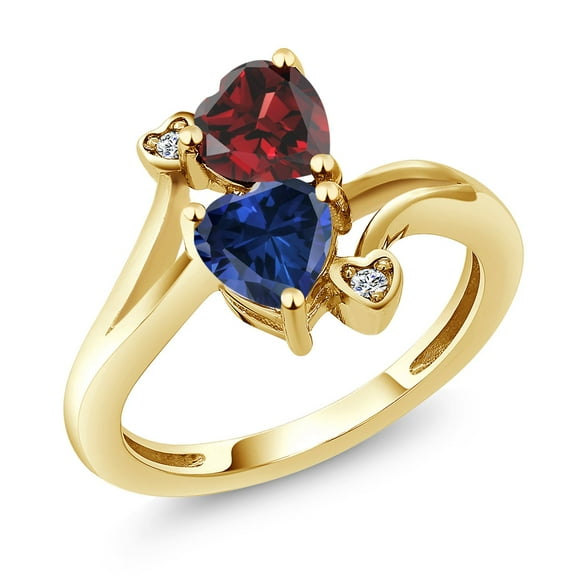Gem Stone King 18K Yellow Gold Plated Silver Red Garnet Blue Created Sapphire and White Moissanite Ring for Women (1.83 Cttw, Heart Shape 6MM, Gemstone January Birthstone, Size 8)