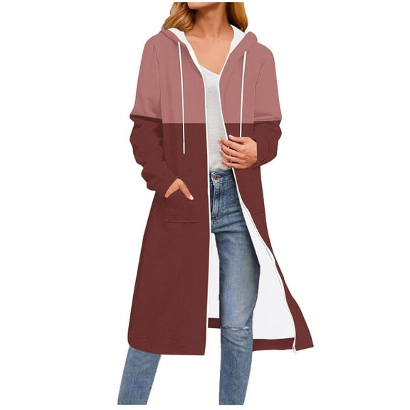 Gamivast Long Fleece Lined Jackets for Women Color Block Oversized Hooded Full Zip Warm Coats Fall Fashion Long Sleeve Drawstring Outerwear with Pockets Cold Winter Clothes