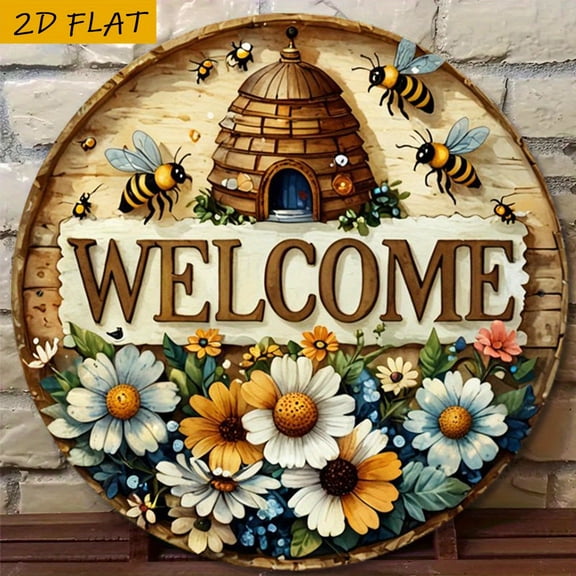 Welcome Beehive Round Aluminum Sign - Rustic Farmhouse Honey Bees Daisy Floral Wall Decor, 1pc, 8" Wall Art Metal Sign, For Porch, Gardene, Room, Home, Ideal Gifts, Weather, 2D Flat