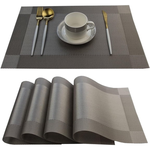 4 Pack Woven PVC Placemats, Light Gray Heat Resistant Non-Slip Rectangular Table Place Mats, Washable Table Mats for Kitchen Dining Table Home Decor