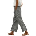 thumbnail image 2 of Women's Cotton Linen Pants, Summer Casual Loose Fit Wide Leg Pants with Elastic Waist, Ankle Patchwork Lace Boho Pants for Daily Wear, Beach, Vacation-Gray, 2 of 5