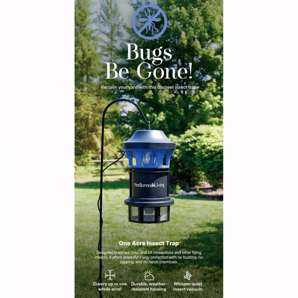 Preferred Living Insect Trap - Whisper-Quiet UV Light + CO₂ Lure + Powerful Fan | Chemical-Free, No Zapping | Covers Up to 1 Acre | All-Weather Outdoor Protection