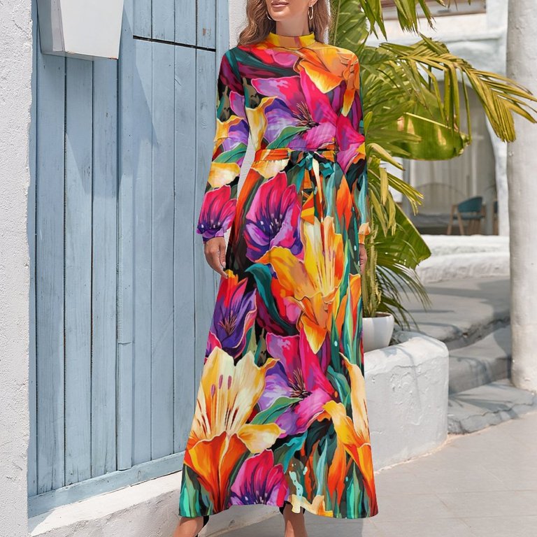 Lily Floral Tulips Dress Colorful Flowers Party Custom Maxi Dress High Neck Long  Sleeve Street Wear Bohemia Long Dresses - Walmart.com
