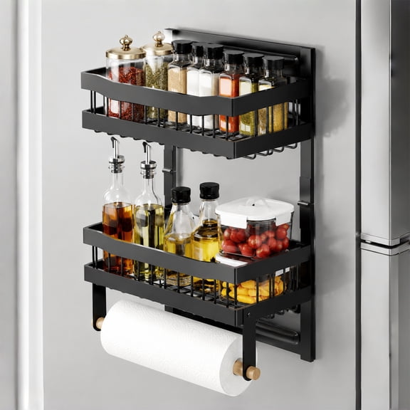 iFaveorr Magnetic Spice Rack for Refrigerators, Foldable Shelf with Towel Holder, 2-Tier Kitchen Organizer, 11.81 x 4.72 x 14.57 in