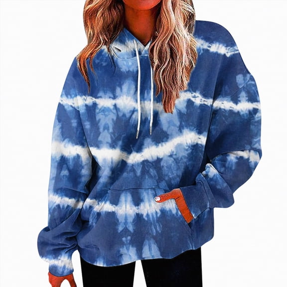 Crewneck Sweatshirts Women Fall Winter Loose Fit Hooded Long Sleeve Blouson Off the Shoulder Hoody Tie Dye Printed Leisure Cotton Hoodies(Blue,M)
