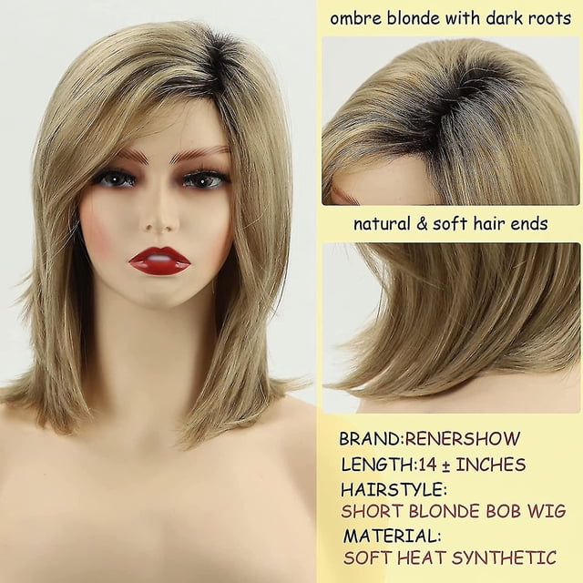 Pelucas para mujeres blancas Peluca de pelo liso medio con raíces oscuras Pelucas sintéticas para mujer 1 pieza Color de imagen ZefeiWu 8390615039703