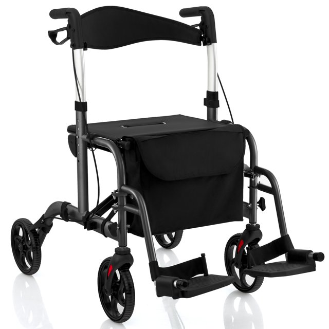 Giantex Déambulateurs à Roulettes 2 en 1 pour Aînés, Déambulateur à Roulettes Pliant avec Poignée Ajustable, Noir