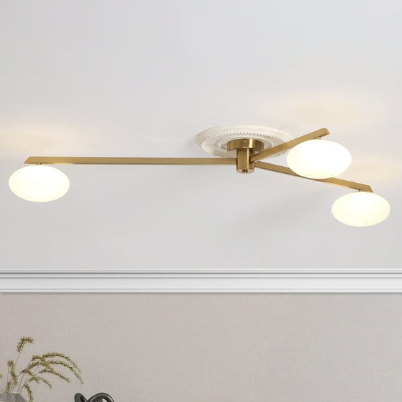 55 In. 3-Light Brass Chandelier Semi-Flush Mount with White Glass Shade, G9 Bulb Base