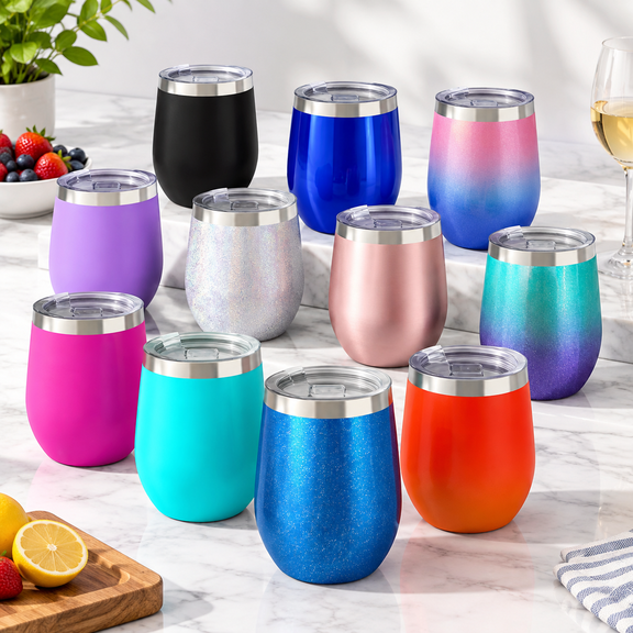 Blue Sparkle 1 Pack 12 Oz Stainless Steel Wine Tumbler With Lid