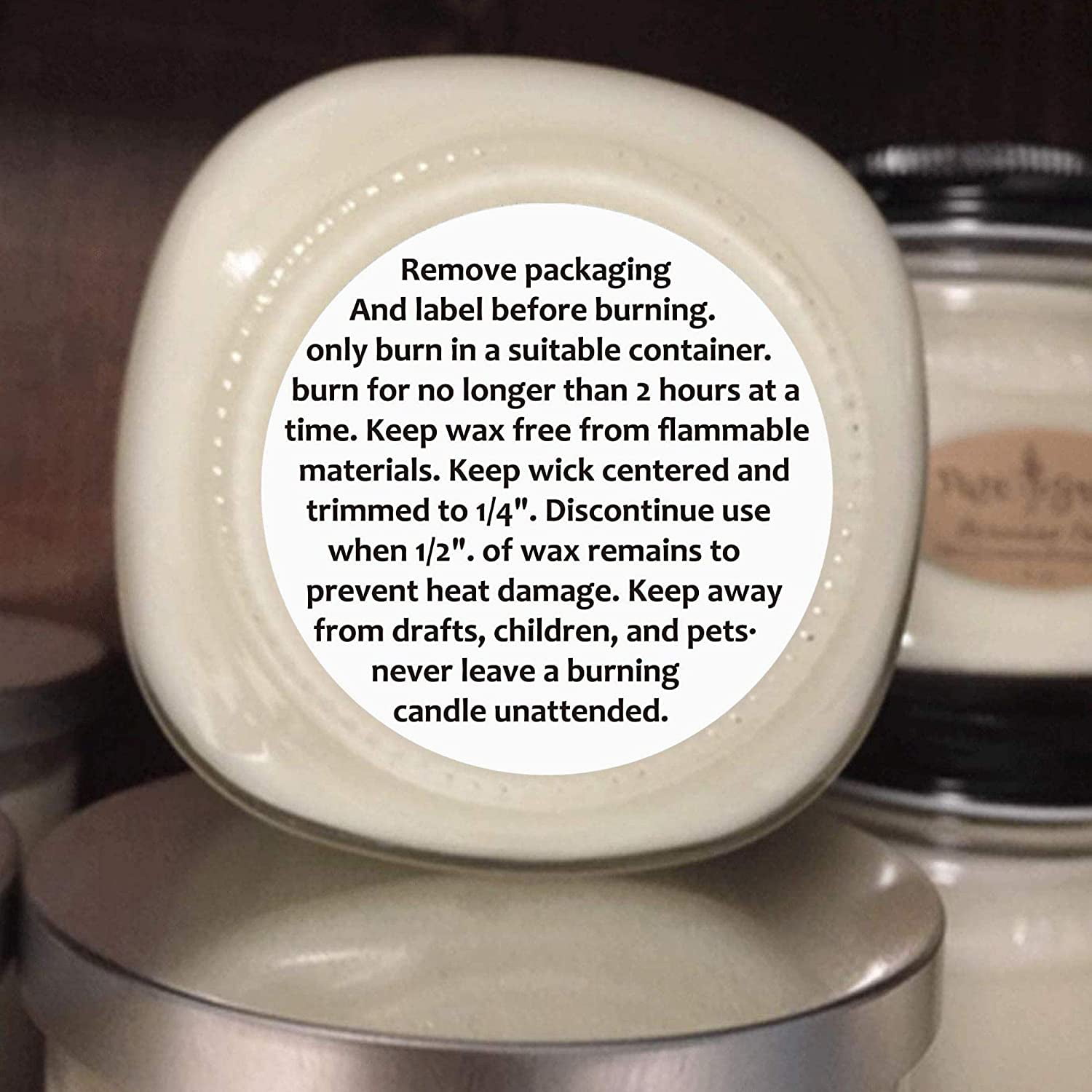 Candle Warning Stickers, 1.5 Round Label, 300 Labels, Black and White Text, Sticker Decal for Candle Jars, Tins and Votives