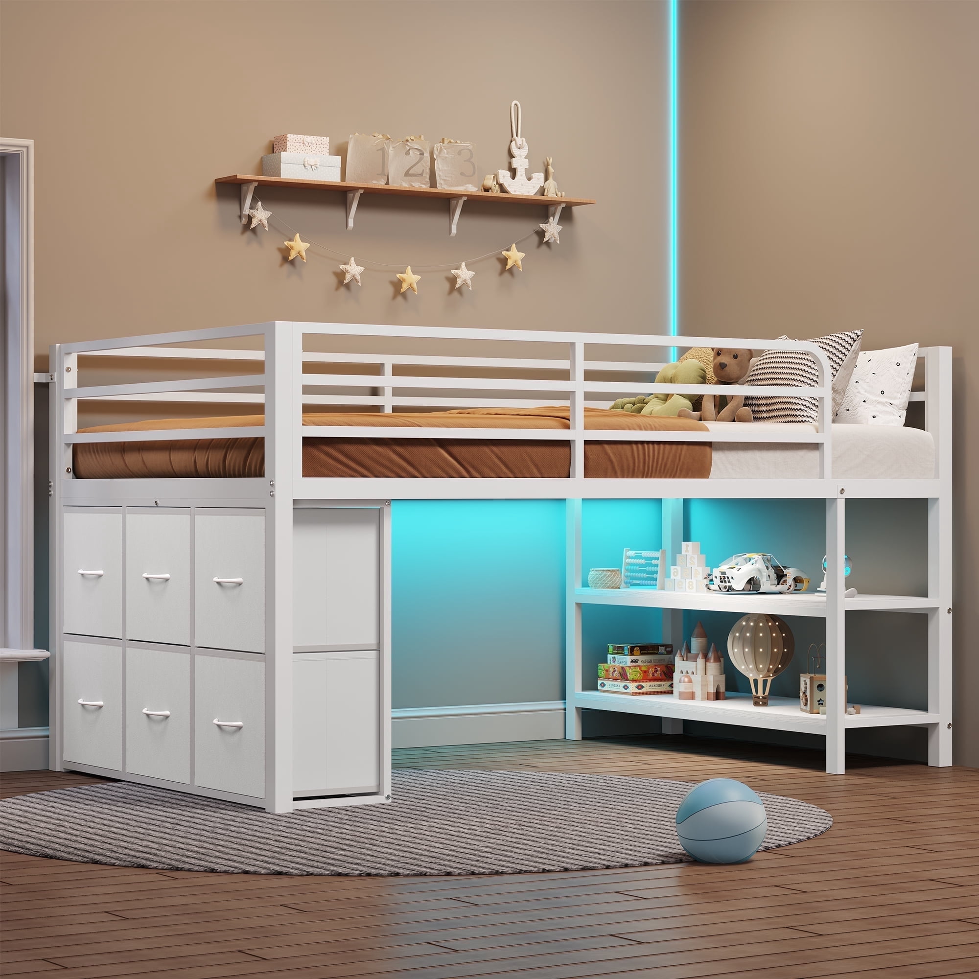 Twin Size Loft Bed with 6 Fabric Drawers and Storage Shelves, with LED Lights,Modern Low Loft Bed,No Box Spring Needed,Sturdy ,White / Black /Pink