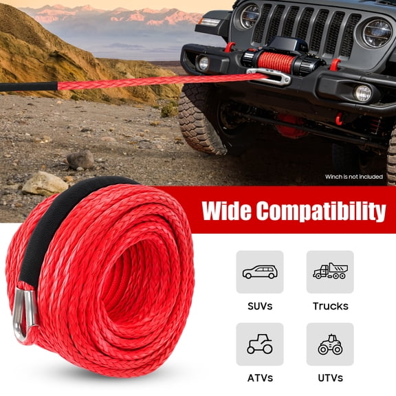 3/8" x 100ft Car Tow Rope with Hook Suv, Utv Synthetic Tow Cable 23,809 LBS