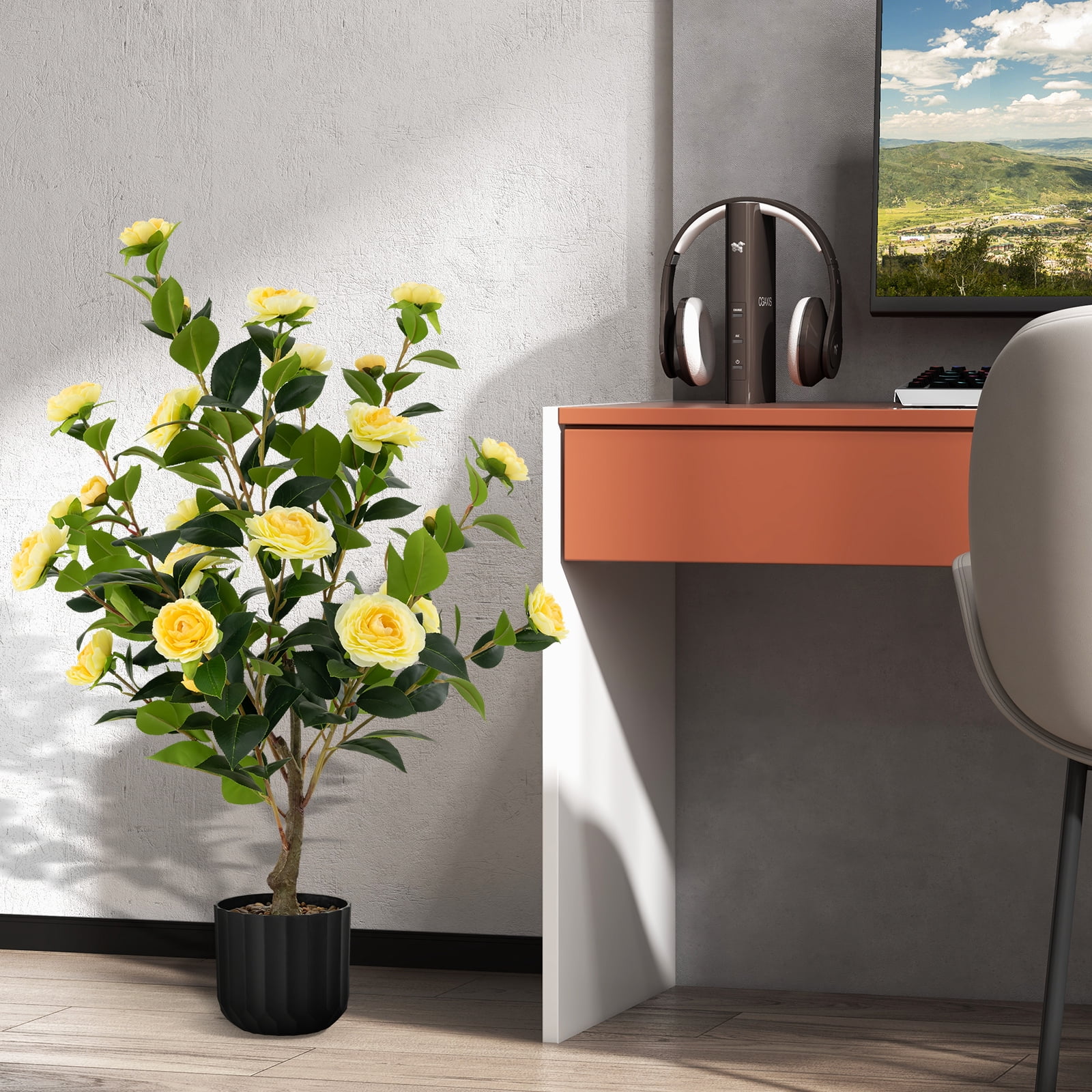 Costway 1 PCS 38" Artificial Camellia Tree Faux Floral Plant Fake Tree for Decoration Yellow