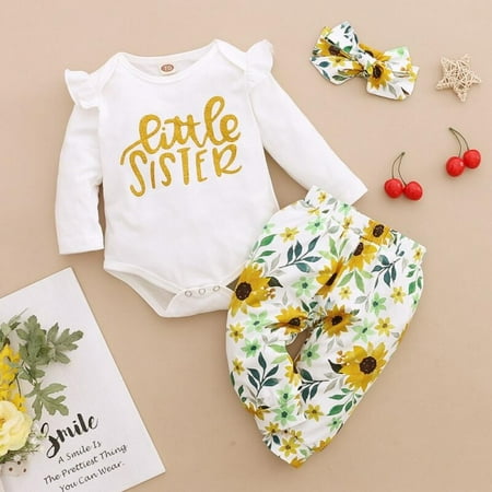 

Promotion Clearance 3PCS Newborn Baby Girl Romper Alpha-Printed Romper +Floral Printed Pants + Headband Set