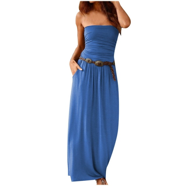 Robes Maxi Tube pour Femmes Été Robe Maxi Sans Bretelles Couleur Unie Robe Longue Ample Sans Manches avec Poches