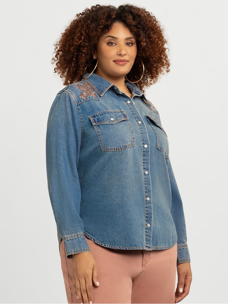 Jessica Simpson Women's Relaxed Denim Shirt with Long Sleeves