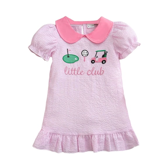 FINALGANG Girls Dress Toddler Gingham Puff Short Sleeve Dress With Golf Embroidery Collared Ruffled Hem Casual Play Dress For Daily Wear