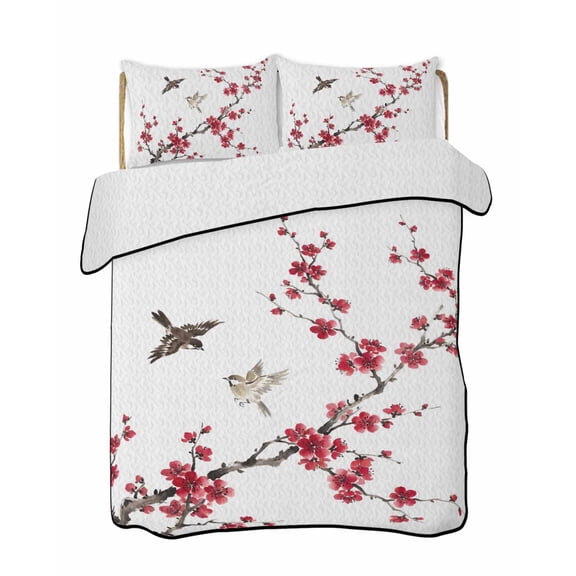 Quilts Twin Size Bedding Set, Red Cherry Branches Lightweight Quilted Comforter, Spring Floral Botanical Birds Country Soft Reversible Bedspread Coverlet with Pillow Covers for All Season, 68" x 86"