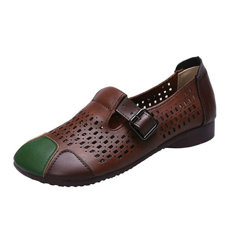 

Mortilo Fashionable Summer Women Pumps Hollow Breathable Buckle Flat Bottom Color Block Casual And Comfortable PU Pumps for Women Brown