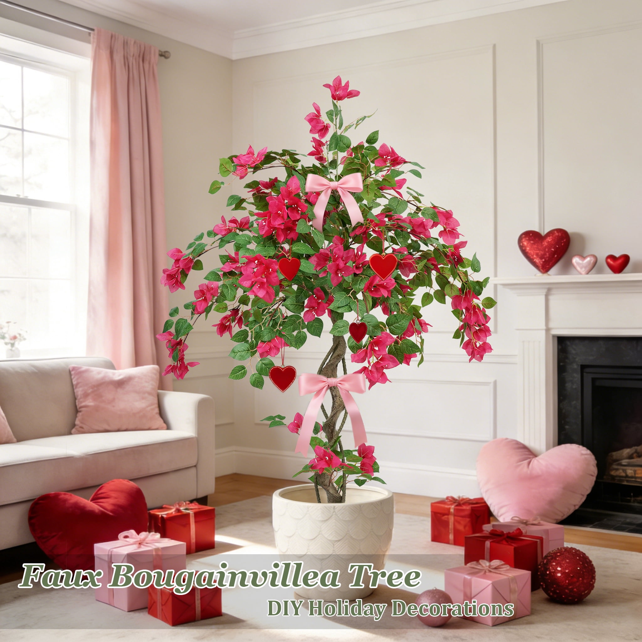 OLIVIVI Faux Bougainvillea Flowers Tree 4FT Tall Artificial Pink Flowers Plant for Home Office Decor Indoor Outdoor Fake Lifelike Potted Tree with Wood Branches 1 pack