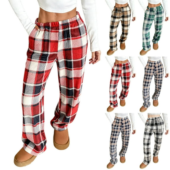 Cyglowse Women's Warm Plaid Pajama Pants Fluffy Fleece Winter Sleepwear With Pockets Flannel Soft Elastic Waist Cozy Home Pj Bottoms Red M