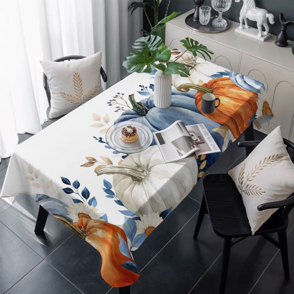 Orange Blue Pumpkins Fall Table Cloth Waterproof Tablecloths, Thanksgiving Eucalyptus Leaf Autumn Tablecloth Dining Table Cover for Kitchen Party Tabletop Outdoor, Rectangle Tablecloth 54x108 Inch