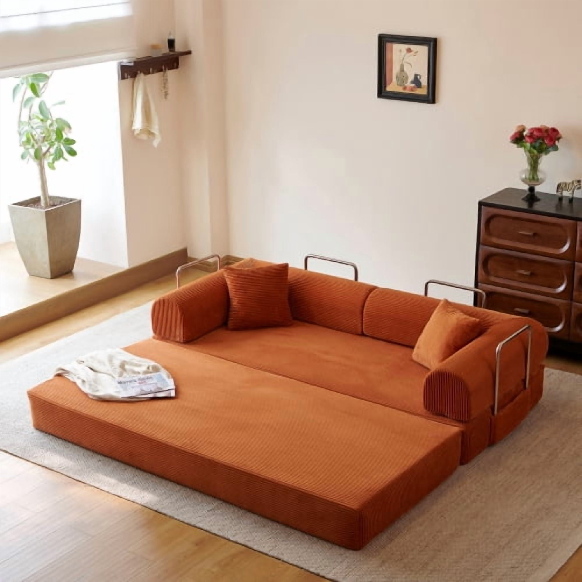 78.8" Convertible Sofa Bed, Convertible Boneless Modular Sectional Futon Loveseat, Sleeper Couch for Living Room Bedroom, No Assembly Required, Tangerine