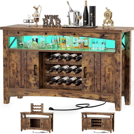 Homieasy Wine Bar Cabinet with Power Outlets Liquor Cabinet with LED Lights and Movable Wooden Wine Rack Brown