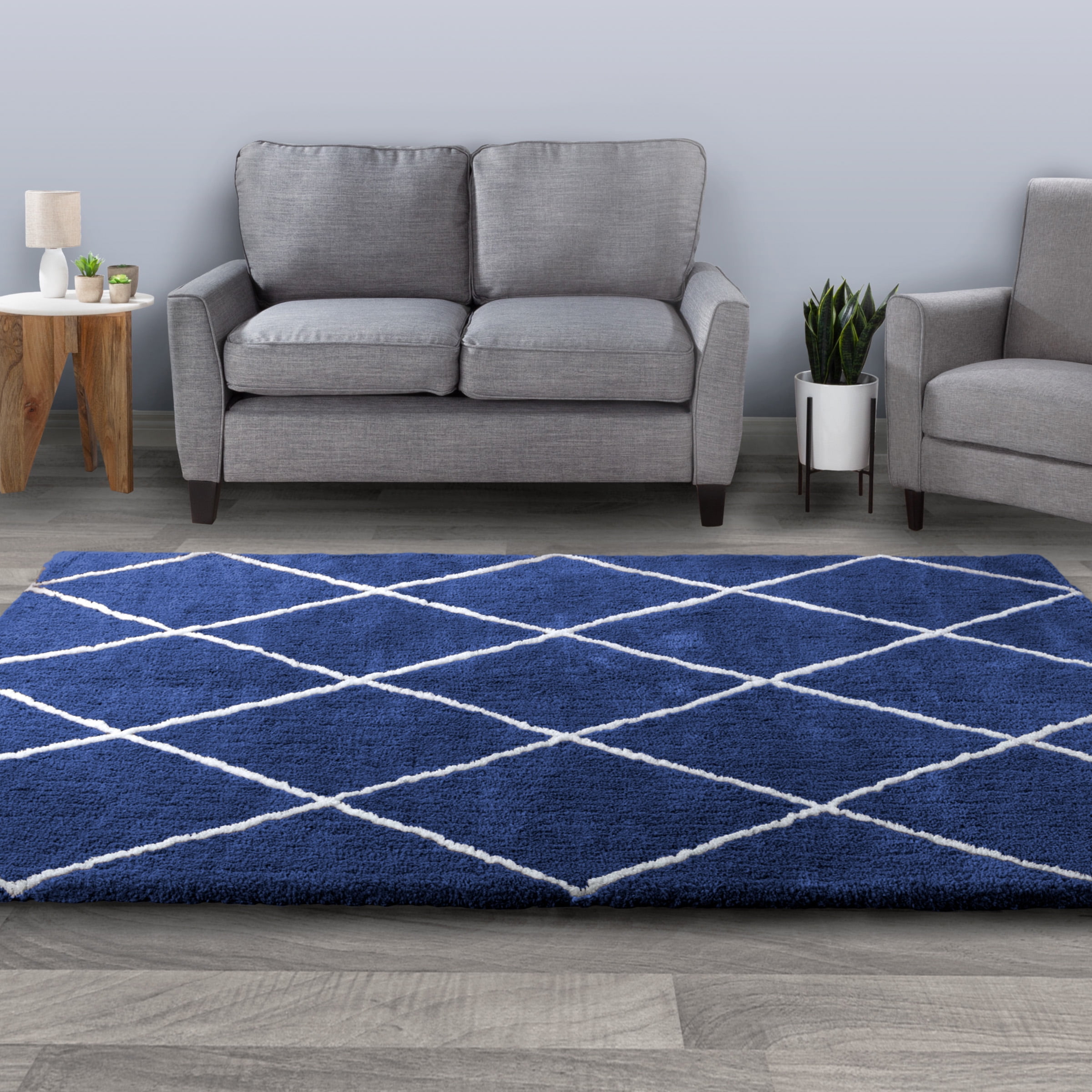 Diamond Shag Area Rug Plush Navy & Ivory Pattern Carpet by Somerset