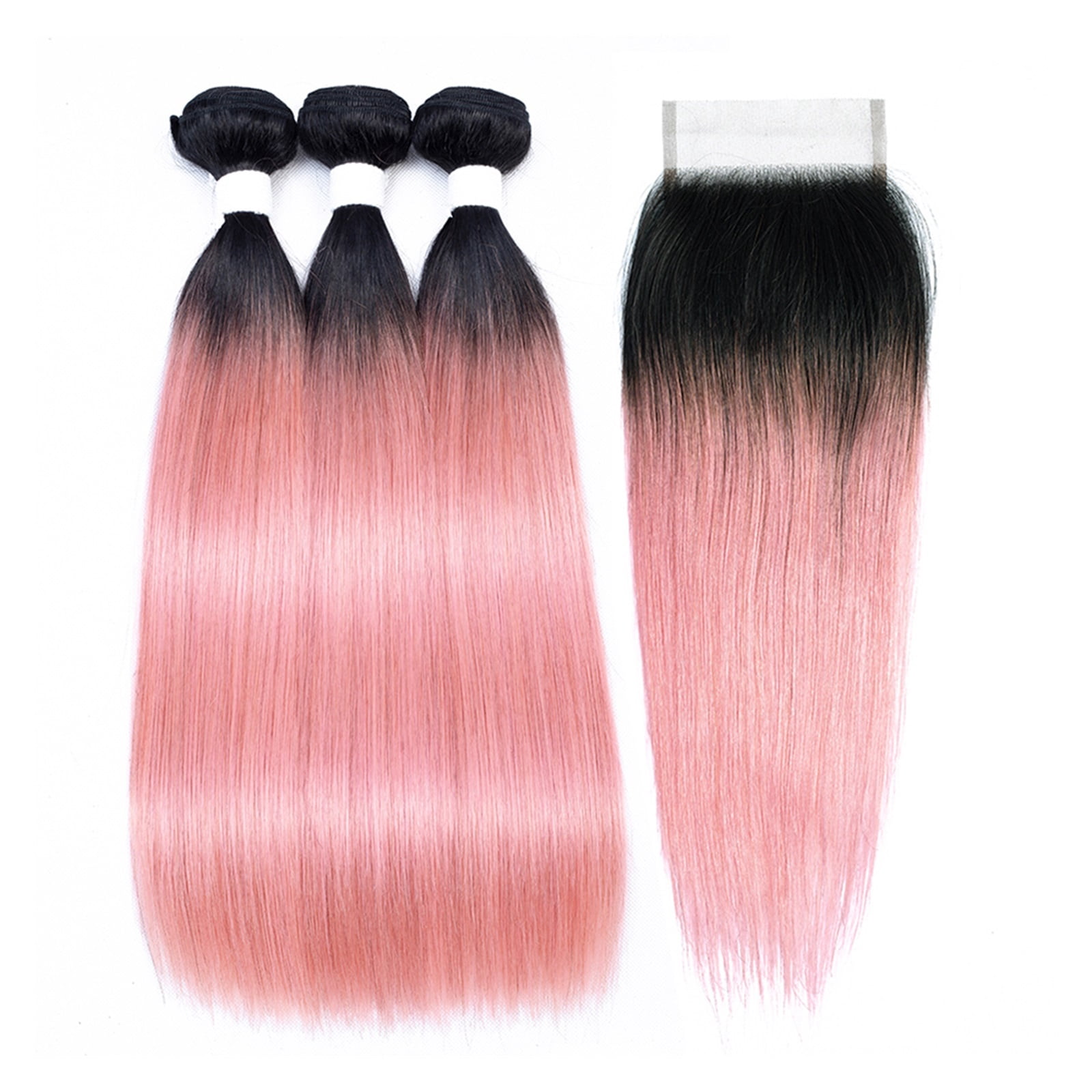 Straight Bundles with 4x4 Lace Closure Hot Pink Rose Golden Luxury Pre-Colored Remy Human Hair Extensions Hair