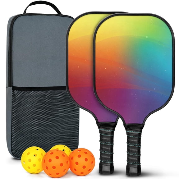 Pickleball Paddles Set Of 2, Fiberglass Surface, Vibrant Rainbow Print, 4 Balls & Bag