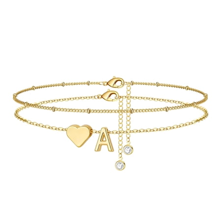 DESIGNICE 14K Gold Plated Initial Ankle Bracelets for Women - Layered Heart Letter A-Z Dainty Anklets for Women Waterproof,Anklets Jewelry Birthday Gifts for Women Teen Girls