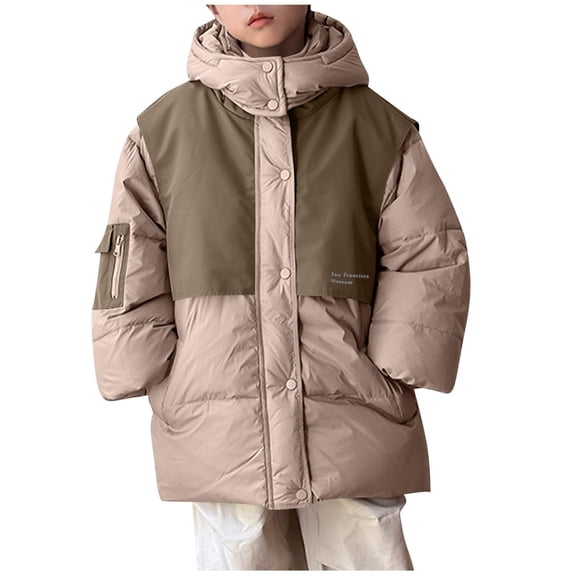 AHTJRT Puffer Jackets for Boys Girls Zip-Up Hooded Outerwear with Pockets Warm Heavyweight Puffy Coats Fashion Colorblock Outerwear Coffee 11-12 Years