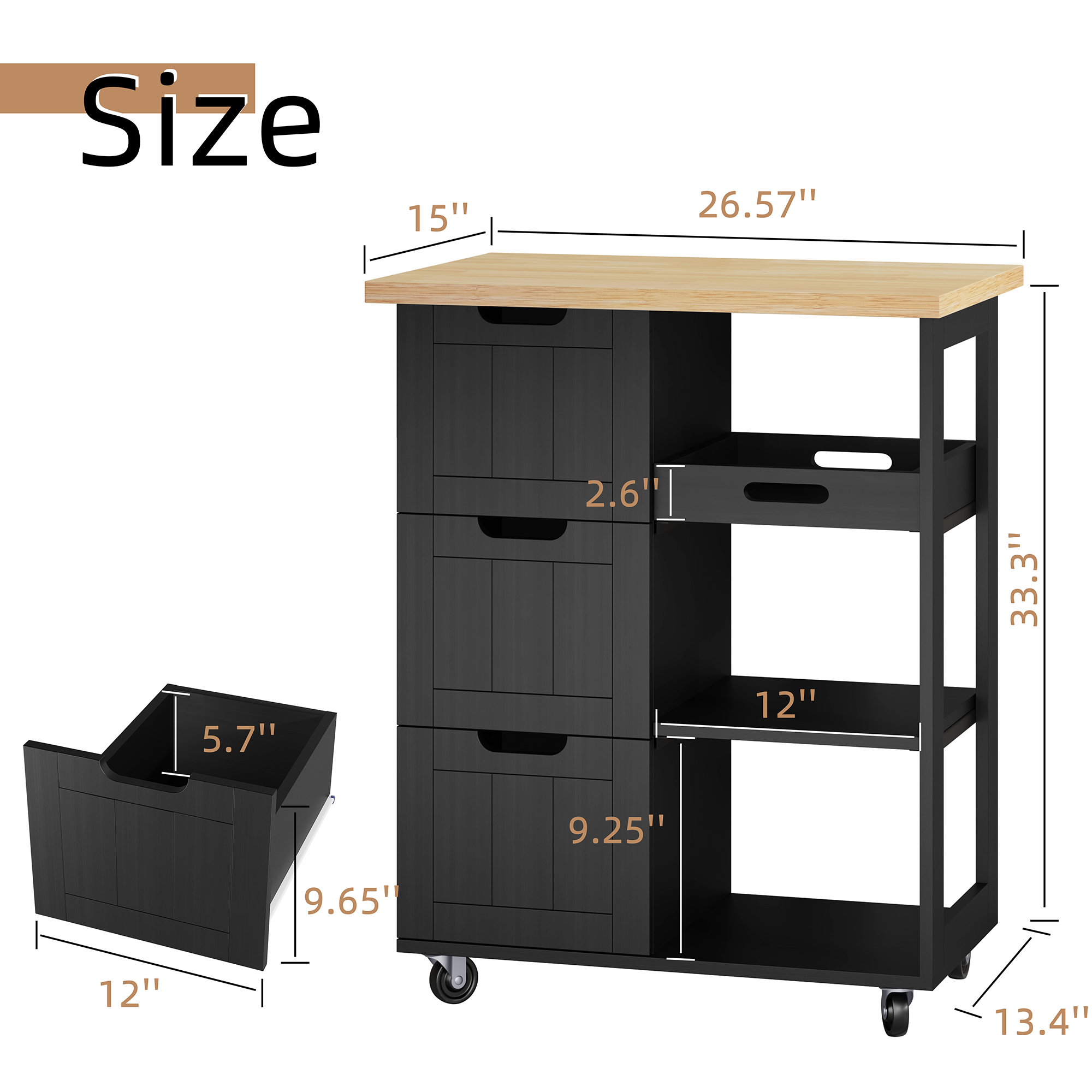 Shintenchi Rolling Kitchen Island Cart With Storage & Drawer - Mobile Worktable For Small Spaces