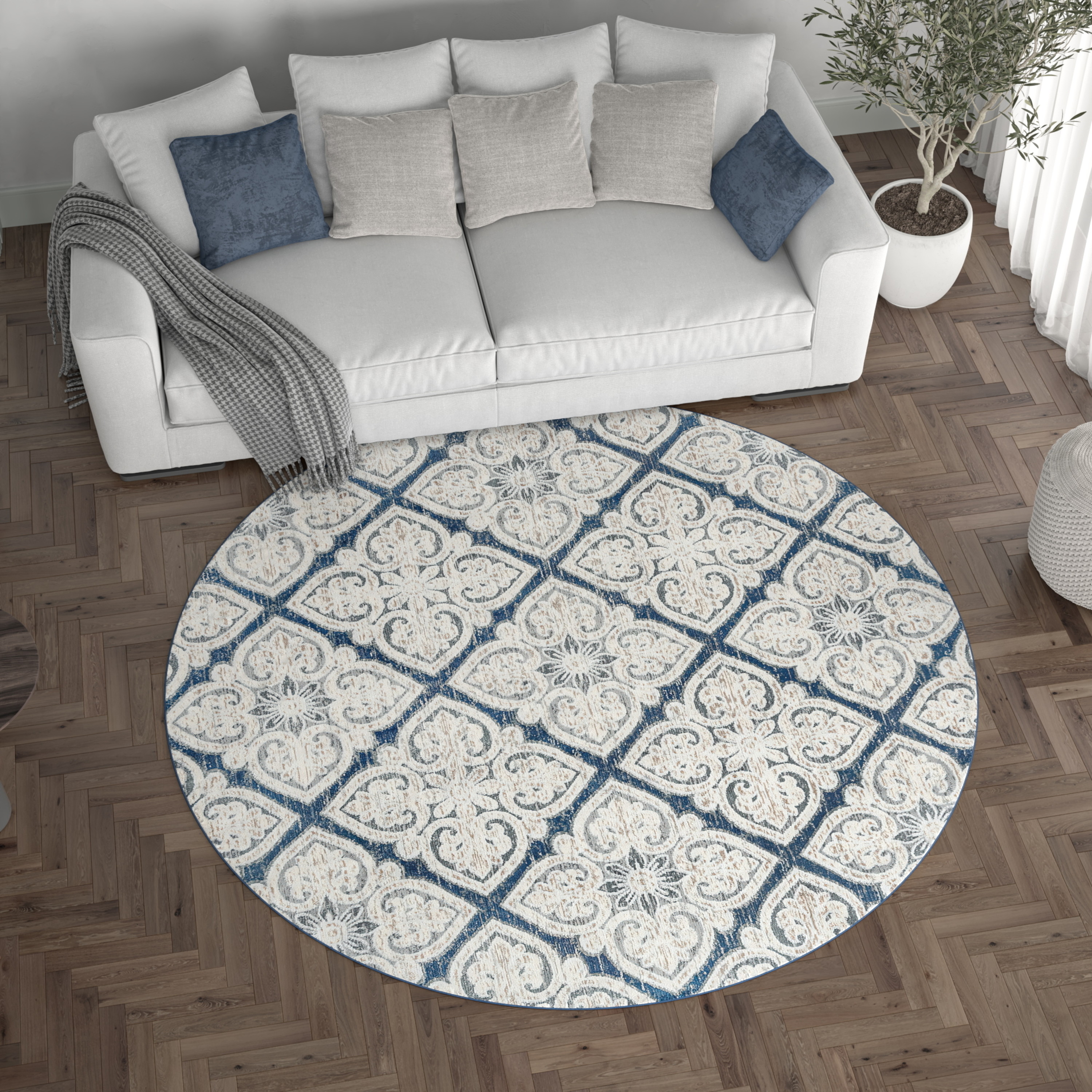 Madison Traditional 5' Round Dark Blue Polypropylene Indoor Area Rug