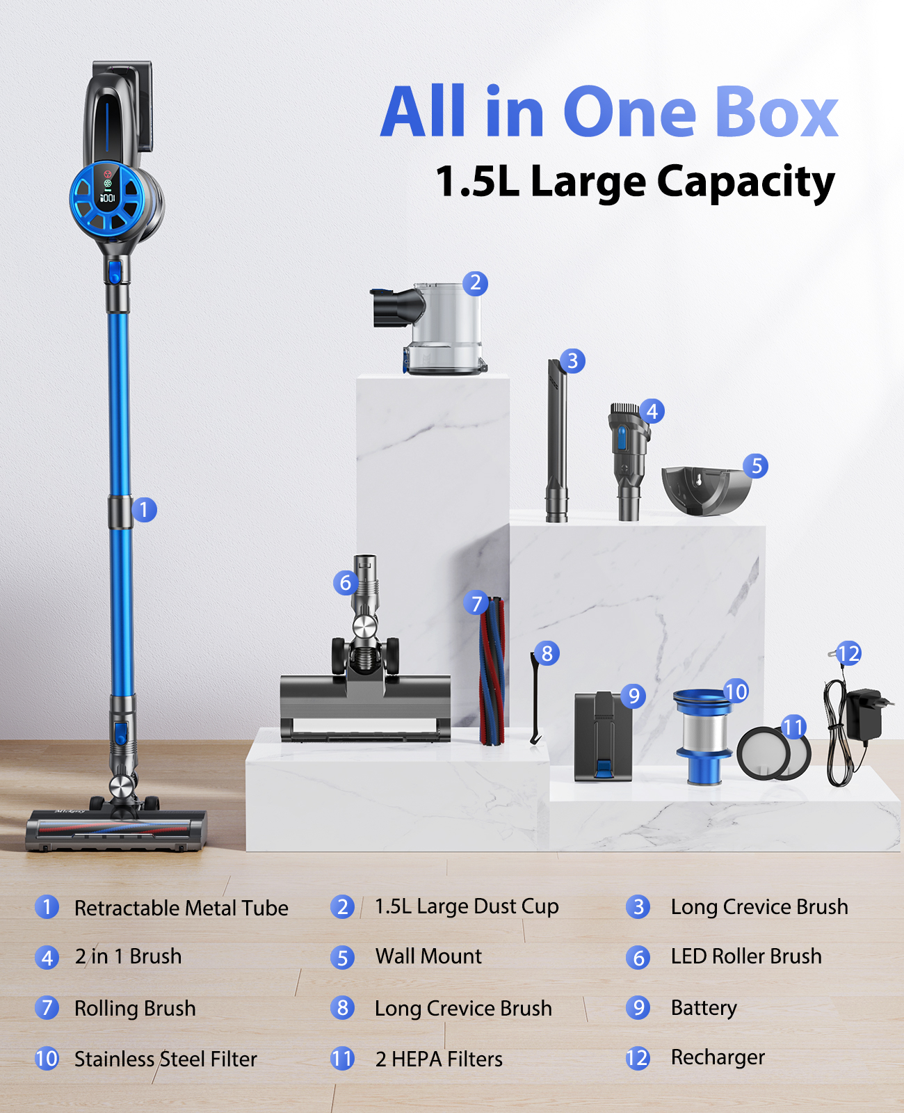 Cordless Stick Vacuum Cleaners 55mins 450W 40KPa with Touch Display Powerful Lightweight Vacuum Cleaner for Carpets Floors Pet Hair Home