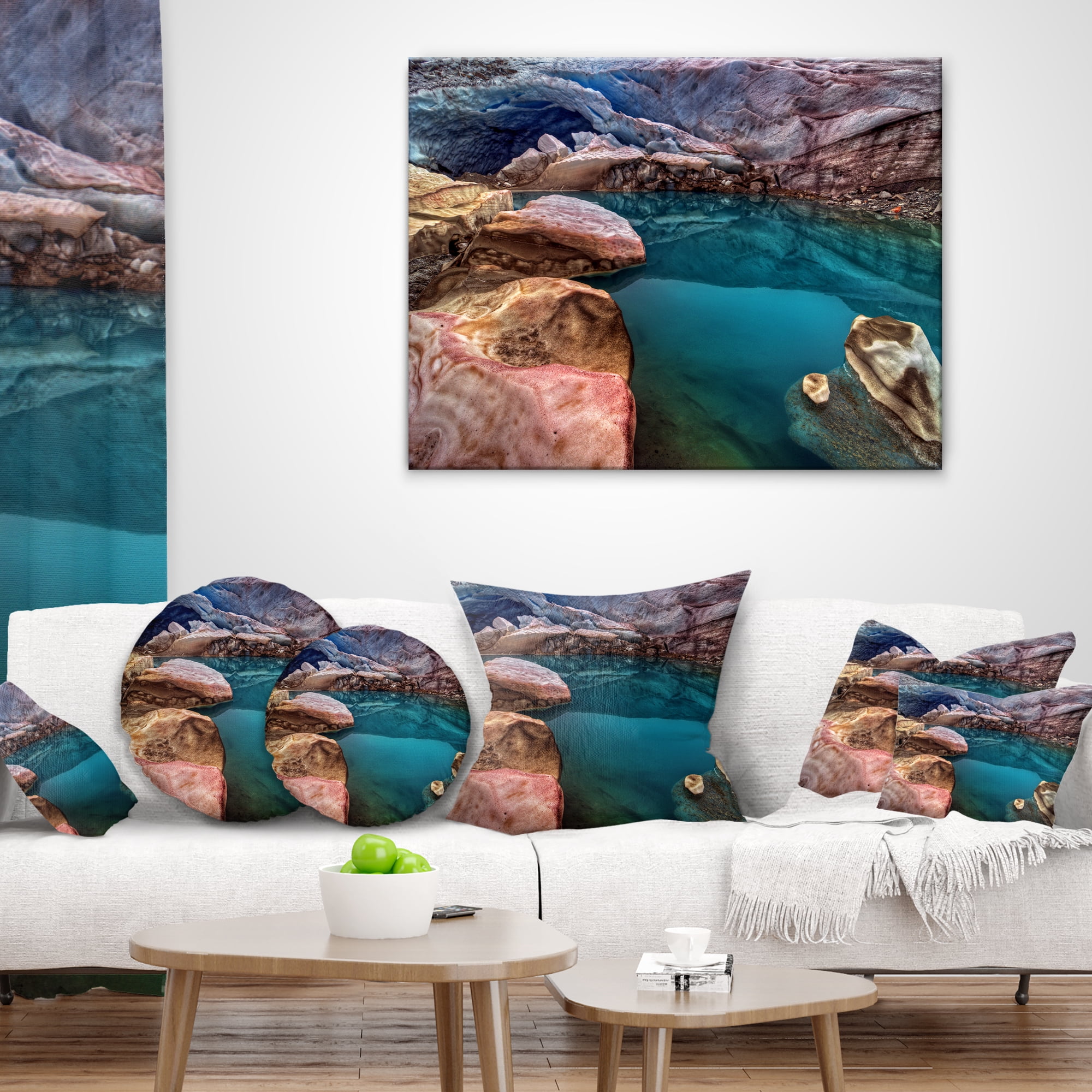 Designart Deep Glacier Cave in Blue - Landscape Printed Throw Pillow - 16x16